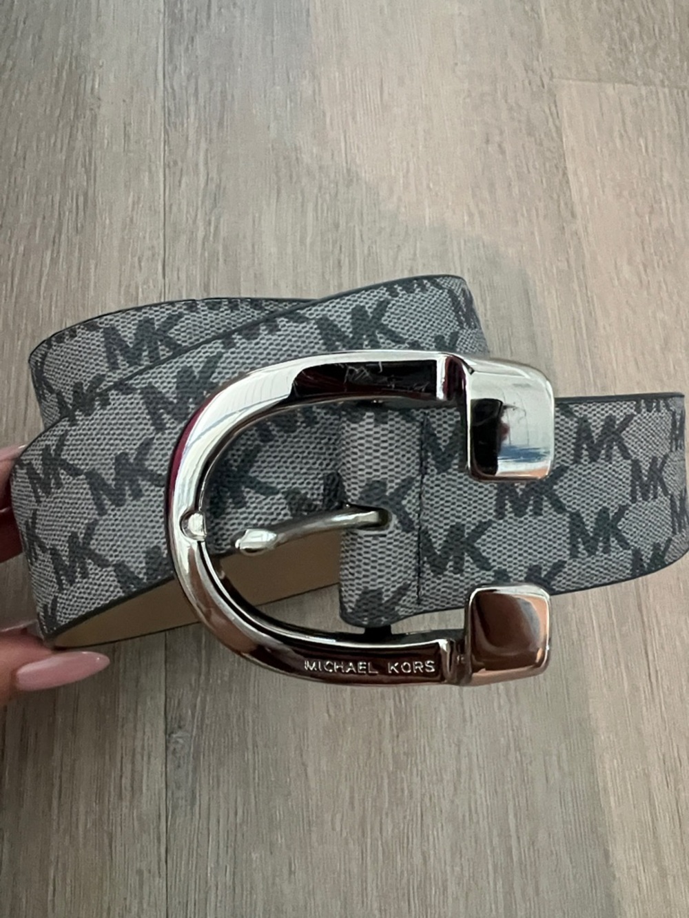 Michael Kors Gray MK Monogram Belt with Silver Buckle
